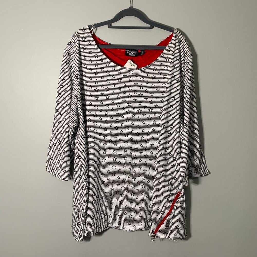 NEW Onque Casual Top Women 3X White Star Stripe 3/4 Sleeve Red Zipper Accent